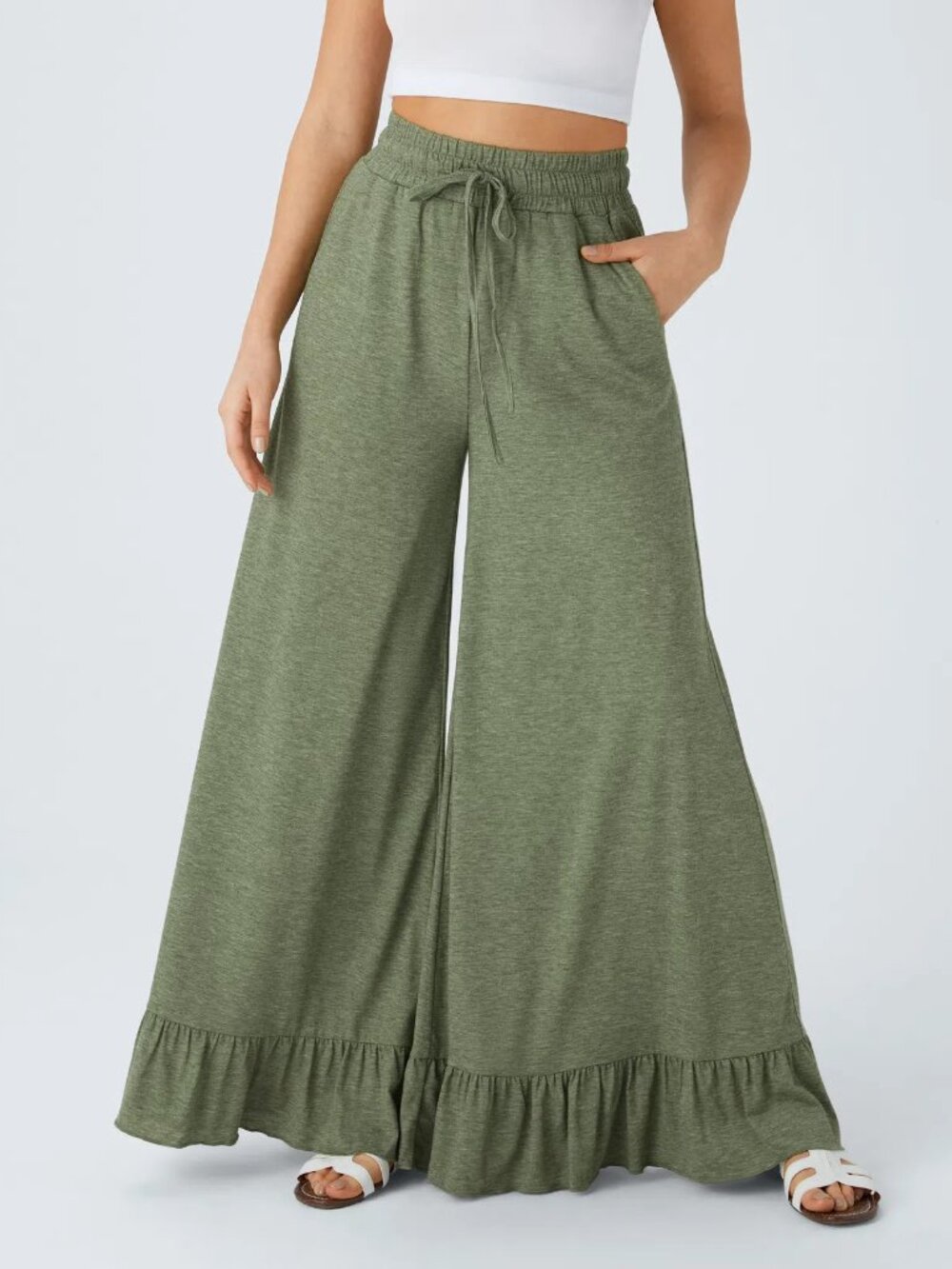 Halara Green High Waisted Pocket Ruffle Wide Leg Casual Pants NWT Comfy Relaxed